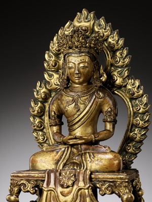 Lot 664 - A GILT BRONZE FIGURE OF AMITAYUS, QIANLONG NINE-CHARACTER MARK AND OF THE PERIOD, DATED 1770