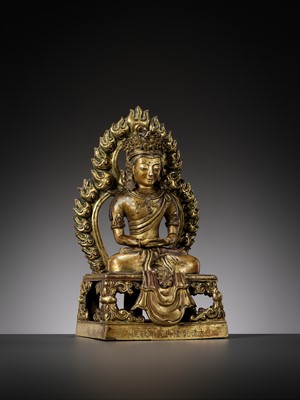Lot 664 - A GILT BRONZE FIGURE OF AMITAYUS, QIANLONG NINE-CHARACTER MARK AND OF THE PERIOD, DATED 1770