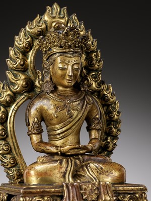 Lot 664 - A GILT BRONZE FIGURE OF AMITAYUS, QIANLONG NINE-CHARACTER MARK AND OF THE PERIOD, DATED 1770