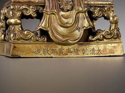 Lot 664 - A GILT BRONZE FIGURE OF AMITAYUS, QIANLONG NINE-CHARACTER MARK AND OF THE PERIOD, DATED 1770