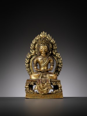 Lot 664 - A GILT BRONZE FIGURE OF AMITAYUS, QIANLONG NINE-CHARACTER MARK AND OF THE PERIOD, DATED 1770