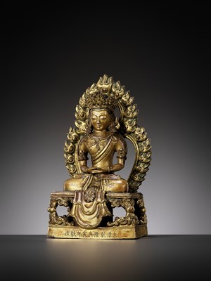 Lot 664 - A GILT BRONZE FIGURE OF AMITAYUS, QIANLONG NINE-CHARACTER MARK AND OF THE PERIOD, DATED 1770