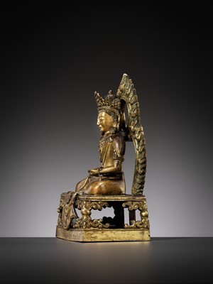 Lot 664 - A GILT BRONZE FIGURE OF AMITAYUS, QIANLONG NINE-CHARACTER MARK AND OF THE PERIOD, DATED 1770