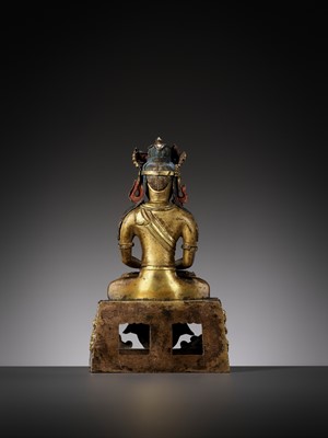 Lot 664 - A GILT BRONZE FIGURE OF AMITAYUS, QIANLONG NINE-CHARACTER MARK AND OF THE PERIOD, DATED 1770