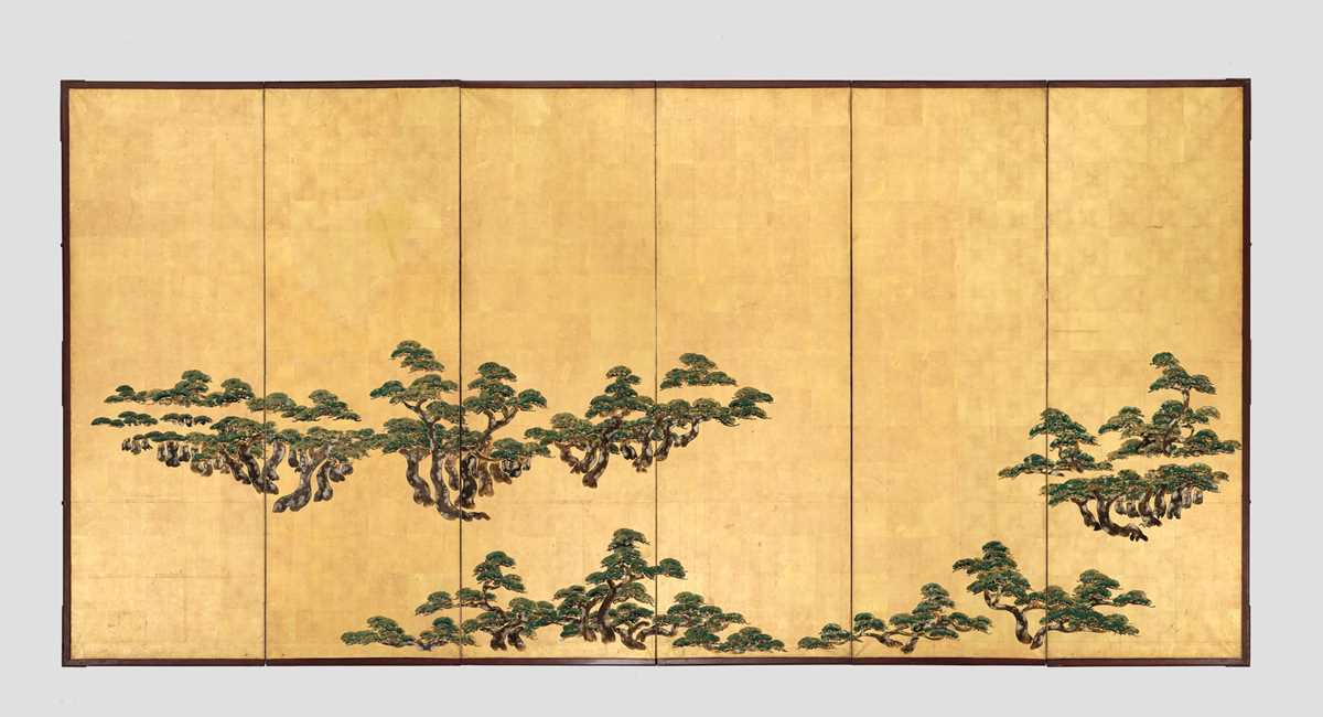 Lot 71 - A FINE SIX-PANEL BYOBU SCREEN DEPICTING SNOW COVERED PINES
