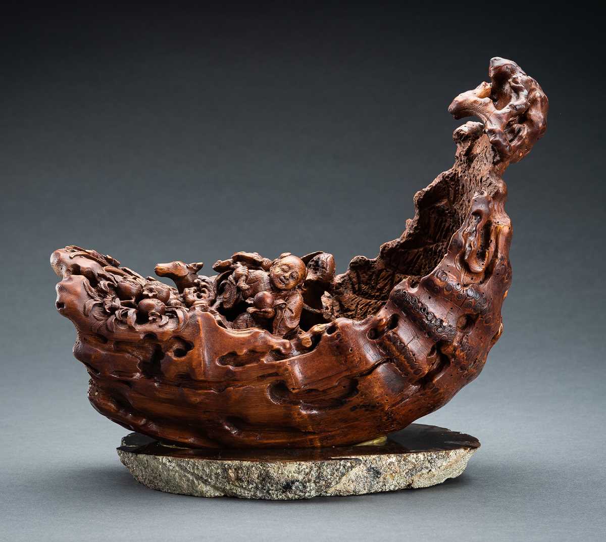 Lot 36 - A BAMBOO ROOT CARVING OF A RAFT, c. 1920s