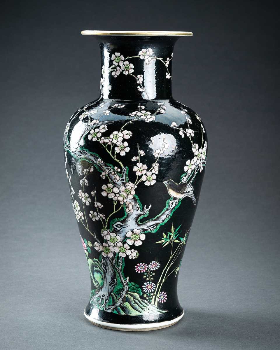 Lot 1283 - A FAMILLE NOIR BALUSTER VASE, QING