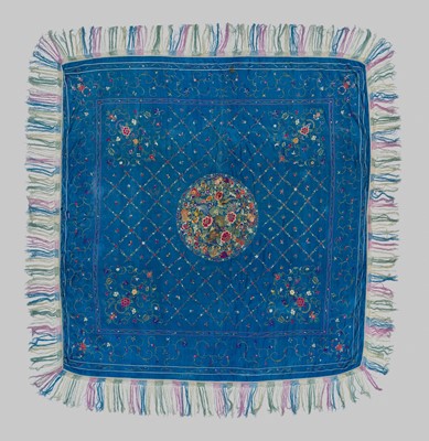 Lot 1131 - A LARGE EMBROIDERED SILK BLANKET, 19TH CENTURY