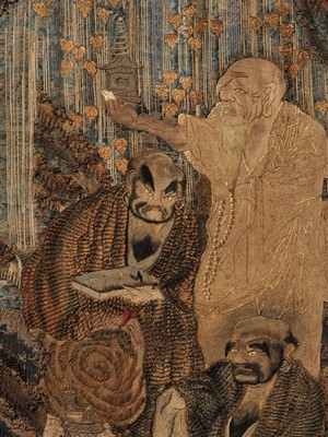 Lot 67 - A LARGE EMBROIDERED SILK PANEL WITH THREE RAKANS