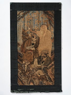 Lot 181 - A LARGE EMBROIDERED SILK PANEL WITH THREE RAKANS