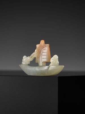 Lot 111 - A PALE CELADON AND RUSSET JADE CARVING OF A SAILING BOAT, QING DYNASTY