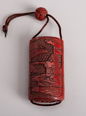 Lot 483 - A TSUISHU RED LACQUER FOUR-CASE INRO WITH SCHOLARS, EDO