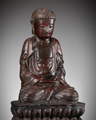 Lot 290 - A RED-LACQUERED WOOD FIGURE OF BUDDHA, LATE MING DYNASTY