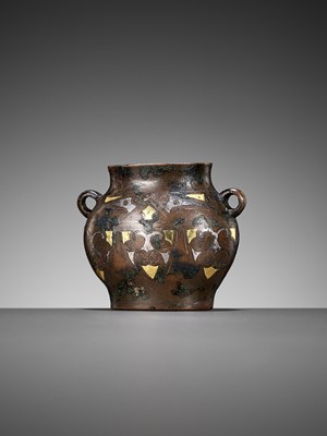 Lot 160 - AN ARCHAISTIC MINATURE GOLD AND SILVER-INLAID BRONZE VESSEL, POU, SONG TO MING DYNASTY