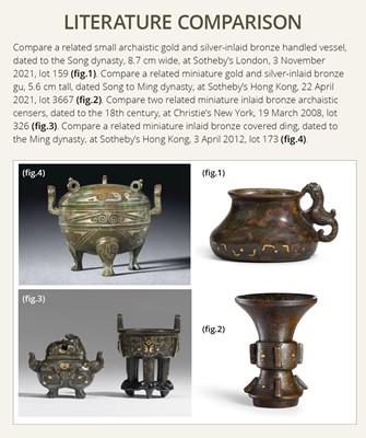 Lot 160 - AN ARCHAISTIC MINATURE GOLD AND SILVER-INLAID BRONZE VESSEL, POU, SONG TO MING DYNASTY