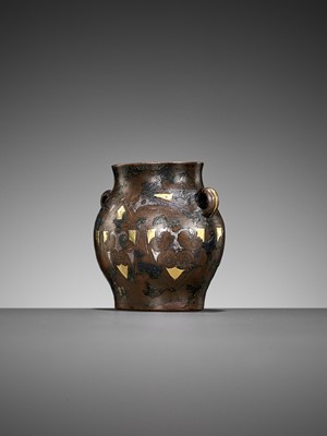 Lot 160 - AN ARCHAISTIC MINATURE GOLD AND SILVER-INLAID BRONZE VESSEL, POU, SONG TO MING DYNASTY