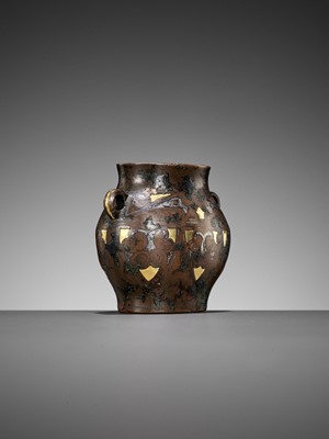 Lot 160 - AN ARCHAISTIC MINATURE GOLD AND SILVER-INLAID BRONZE VESSEL, POU, SONG TO MING DYNASTY