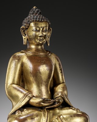 Lot 186 - A GILT COPPER-ALLOY REPOUSSÉ FIGURE OF BUDDHA AMITABHA, WITH AN INSCRIPTION REFERRING TO THE SECOND KIRTI LAMA, TENPA RINCHEN (1474-1558)