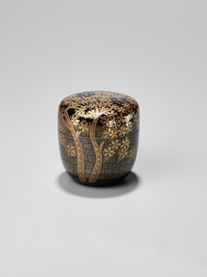 Lot 219 - KOZEN: A LACQUER NATSUME (TEA CADDY) WITH CHERRY BLOSSOMS BY A CASTLE WALL