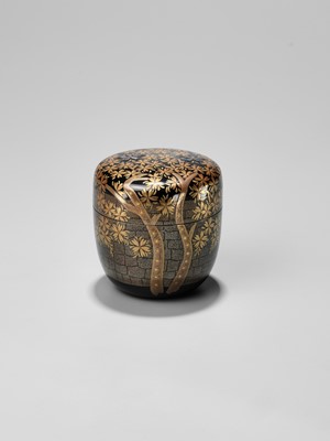 Lot 219 - KOZEN: A LACQUER NATSUME (TEA CADDY) WITH CHERRY BLOSSOMS BY A CASTLE WALL
