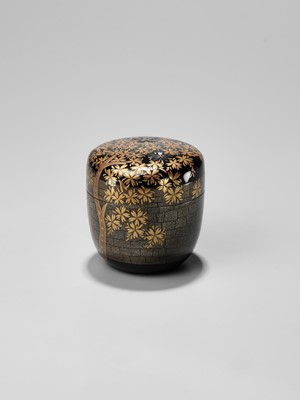Lot 219 - KOZEN: A LACQUER NATSUME (TEA CADDY) WITH CHERRY BLOSSOMS BY A CASTLE WALL