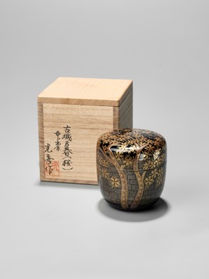 Lot 219 - KOZEN: A LACQUER NATSUME (TEA CADDY) WITH CHERRY BLOSSOMS BY A CASTLE WALL