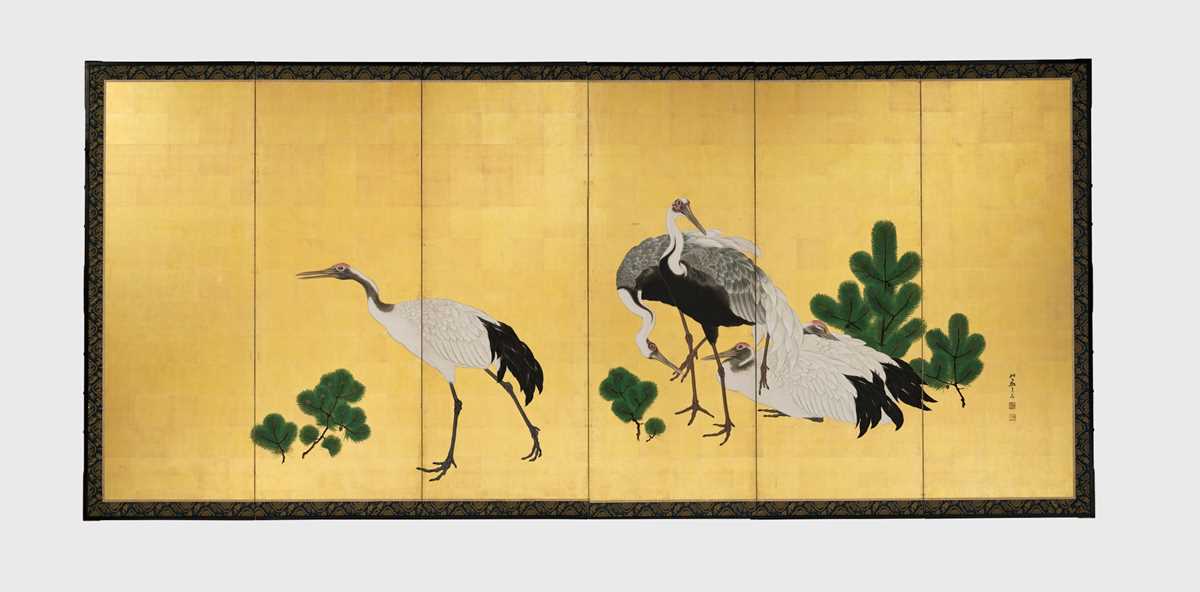 Lot 72 - KISHI GANRYO (1798-1852): A BEAUTIFUL SIX-PANEL BYOBU SCREEN DEPICTING CRANES AND PINES