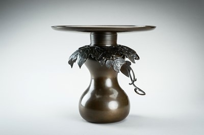 Lot 54 - HARUYAMA FUBO: A THREE-PART BRONZE USUBATA VASE WITH VINES