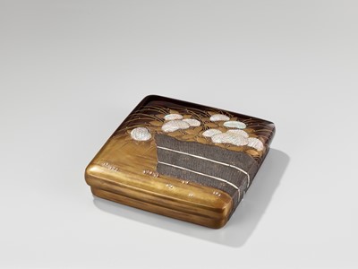 Lot 32 - A RINPA-STYLE INLAID LACQUER SUZURIBAKO WITH BLOSSOMING HORTENSIA