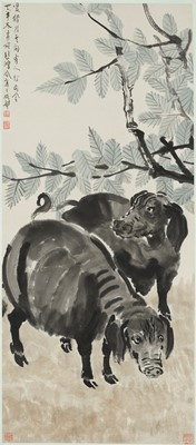 Lot 49 - XU BEIHONG (1895-1953) AND ZHANG SHUQI (1899-1956): ‘TWO PIGS’, DATED 1937