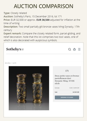 Lot 617 - A PARCEL-GILT BRONZE TOOL VASE BY HU WENMING, MING DYNASTY