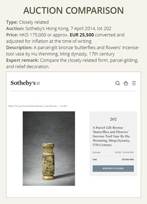 Lot 617 - A PARCEL-GILT BRONZE TOOL VASE BY HU WENMING, MING DYNASTY