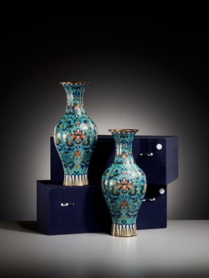 Lot 2 - AN IMPERIAL PAIR OF QUADRILOBED CLOISONNÉ ENAMEL ‘LOTUS’ VASES, QIANLONG FIVE-CHARACTER MARK AND OF THE PERIOD