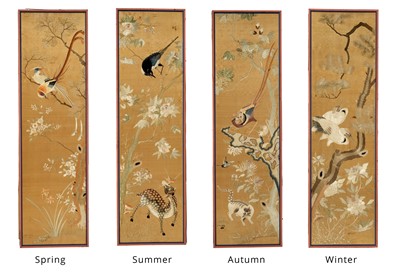 Lot 205 - A COMPLETE SET OF FOUR EMBROIDERED SILK PANELS, DEPICTING THE FOUR SEASONS, MID-QING DYNASTY