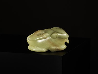 Lot 27 - A CARVED CELADON JADE BOX AND COVER IN THE FORM OF A RAM, QING DYNASTY