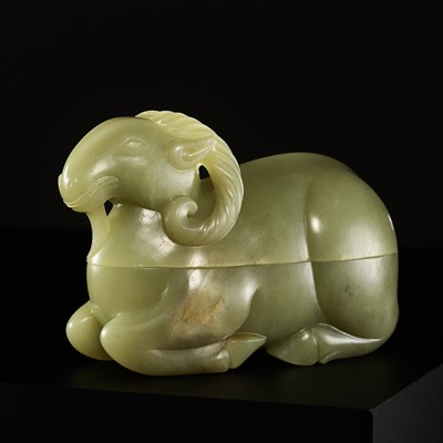 Lot 117 - A CARVED CELADON JADE BOX AND COVER IN THE FORM OF A RAM, QING DYNASTY