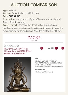 Lot 174 - A LARGE BRONZE FIGURE OF RATNASAMBHAVA, CENTRAL TIBET, 13TH-14TH CENTURY