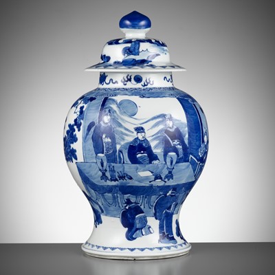 Lot 246 - A BLUE AND WHITE ‘OFFICIAL SCENE’ JAR AND COVER, CHINA, 19th CENTURY