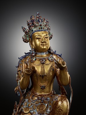 Lot 121 - A ROBIN’S-EGG-GLAZED AND GILT PORCELAIN FIGURE OF A BODHISATTVA, QIANLONG TO JIAQING PERIOD