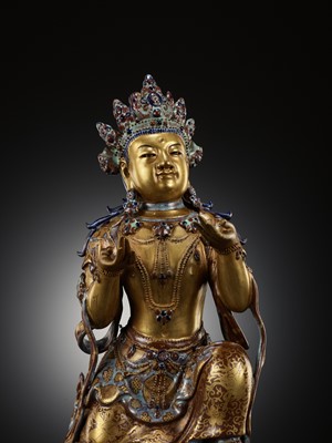 Lot 121 - A ROBIN’S-EGG-GLAZED AND GILT PORCELAIN FIGURE OF A BODHISATTVA, QIANLONG TO JIAQING PERIOD