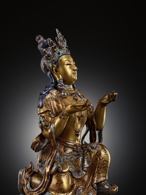 Lot 121 - A ROBIN’S-EGG-GLAZED AND GILT PORCELAIN FIGURE OF A BODHISATTVA, QIANLONG TO JIAQING PERIOD