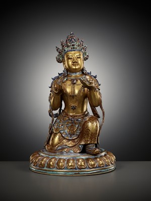 Lot 121 - A ROBIN’S-EGG-GLAZED AND GILT PORCELAIN FIGURE OF A BODHISATTVA, QIANLONG TO JIAQING PERIOD