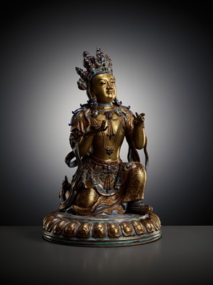 Lot 121 - A ROBIN’S-EGG-GLAZED AND GILT PORCELAIN FIGURE OF A BODHISATTVA, QIANLONG TO JIAQING PERIOD