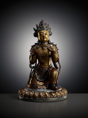 Lot 121 - A ROBIN’S-EGG-GLAZED AND GILT PORCELAIN FIGURE OF A BODHISATTVA, QIANLONG TO JIAQING PERIOD