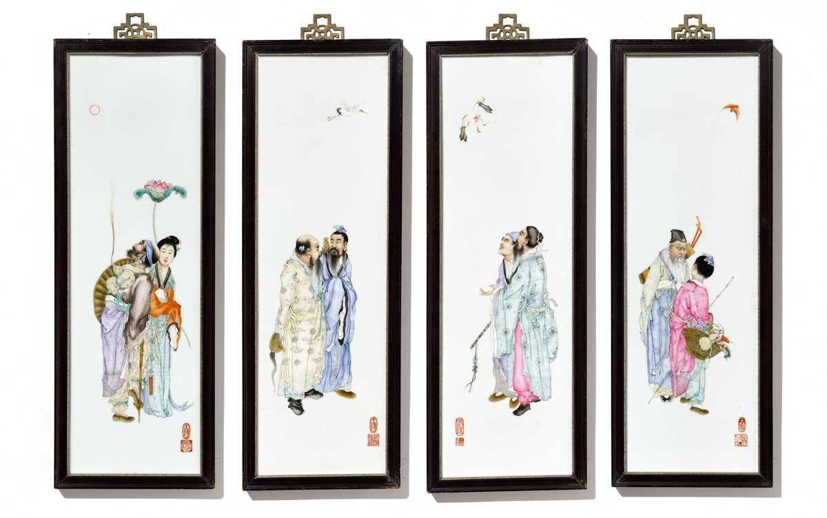 Lot 138 - A COMPLETE SET OF FOUR FAMILLE ROSE ‘EIGHT IMMORTALS’ PLAQUES, BY WANG QI (1884-1937)