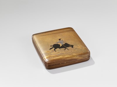 Lot 8 - A LACQUER SUZURIBAKO DEPICTING AN OX-HERDER PLAYING THE FLUTE