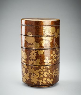 Lot 217 - A FOUR-TIERED LACQUER JUBAKO STACKING BOX AND COVER, MEJI