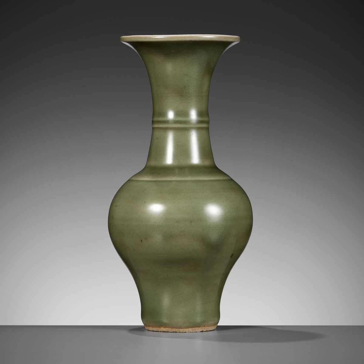 Lot 471 - A SMALL LONGQUAN CELADON-GLAZED PHOENIX-TAIL VASE, YENYEN, YUAN DYNASTY