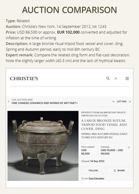 Lot 143 - A LARGE INSCRIBED BRONZE RITUAL FOOD VESSEL AND COVER, DING, SPRING AND AUTUMN PERIOD