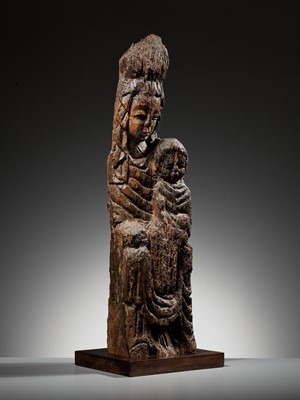 Lot 69 - A LARGE WOOD FIGURE OF SONGZI GUANYIN AND CHILD, CHINA, EARLY MING DYNASTY, 14TH-15TH CENTURY